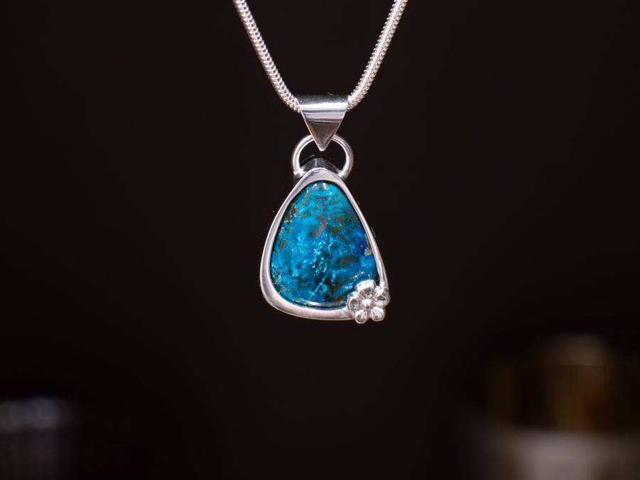 Bright Blue Chrysocolla Pendant, Sterling Silver, Natural Stone Necklace