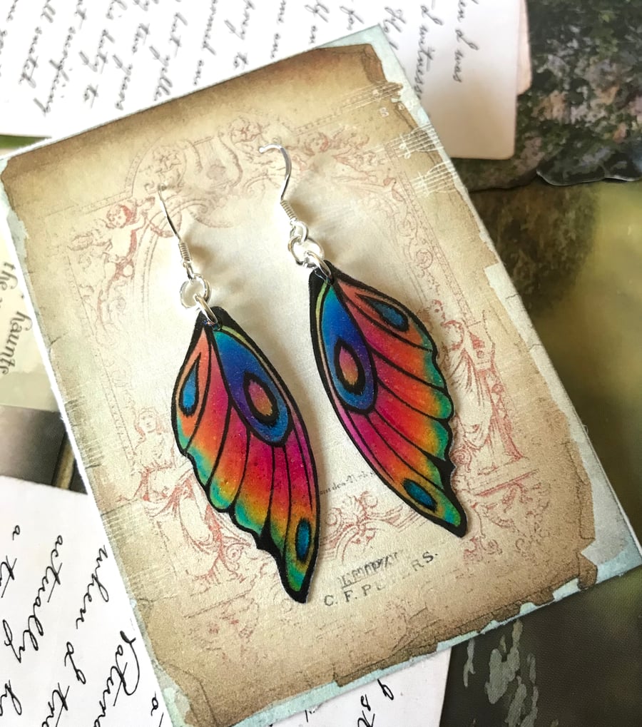 Pink Green Blue Purple Orange Yellow Fairy wing Earrings Sterling Silver Hooks