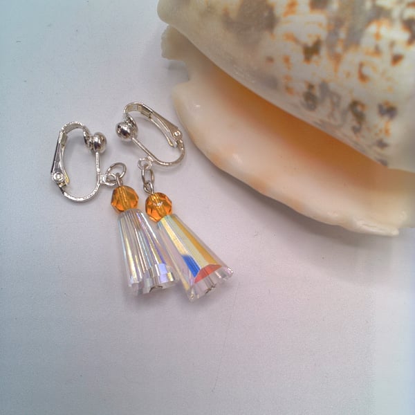 Clip On Earrings With Clear Artemis Beads And A Topaz Crystal, Gift for Her
