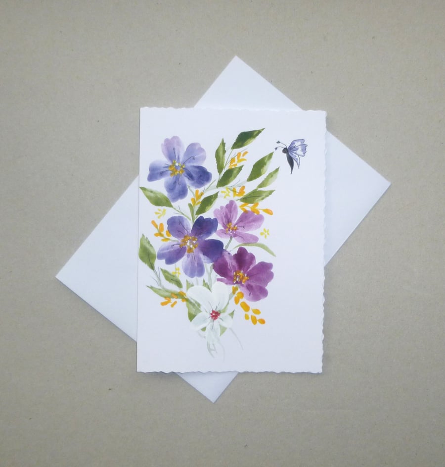 hand painted blank floral greetings card ( ref F 732 A4 )