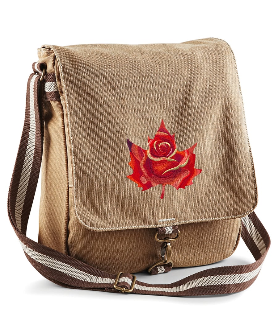 Red Autumn Leaf Embroidered Canvas Field Bag