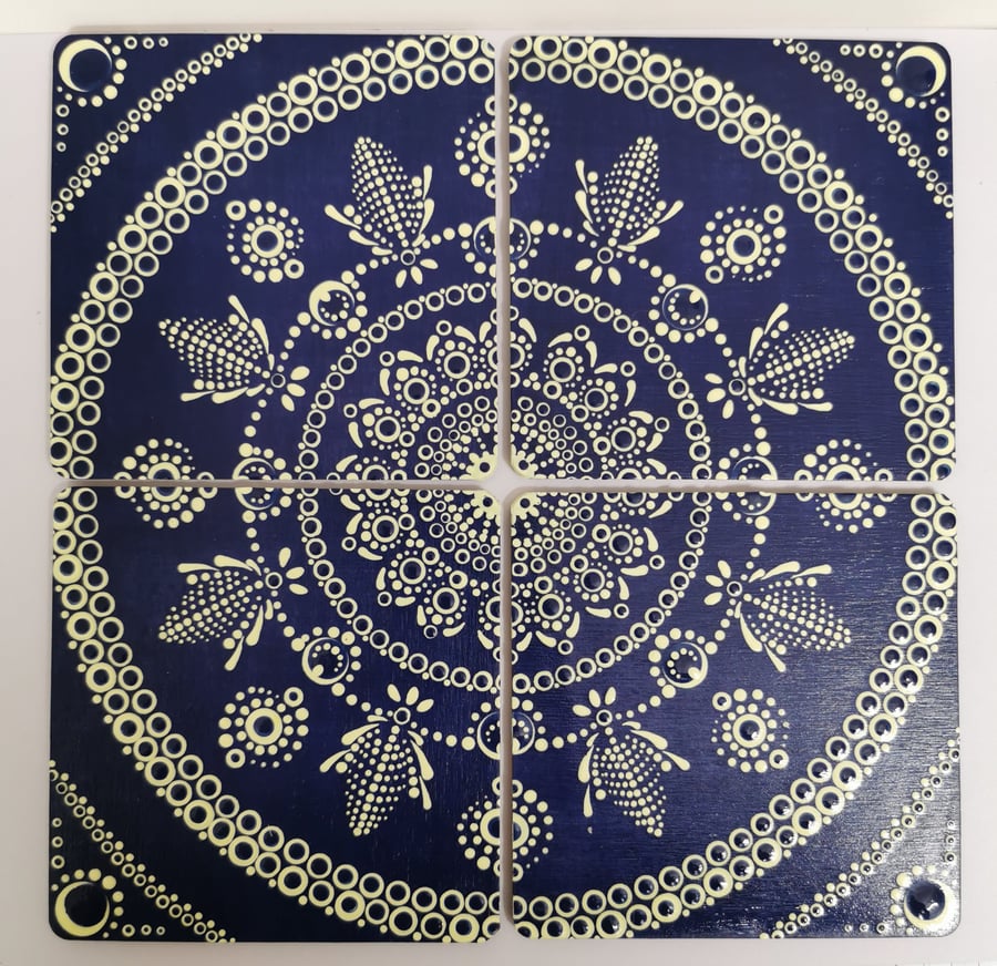 Stunning hand painted blue and white mandala 4 piece coaster set