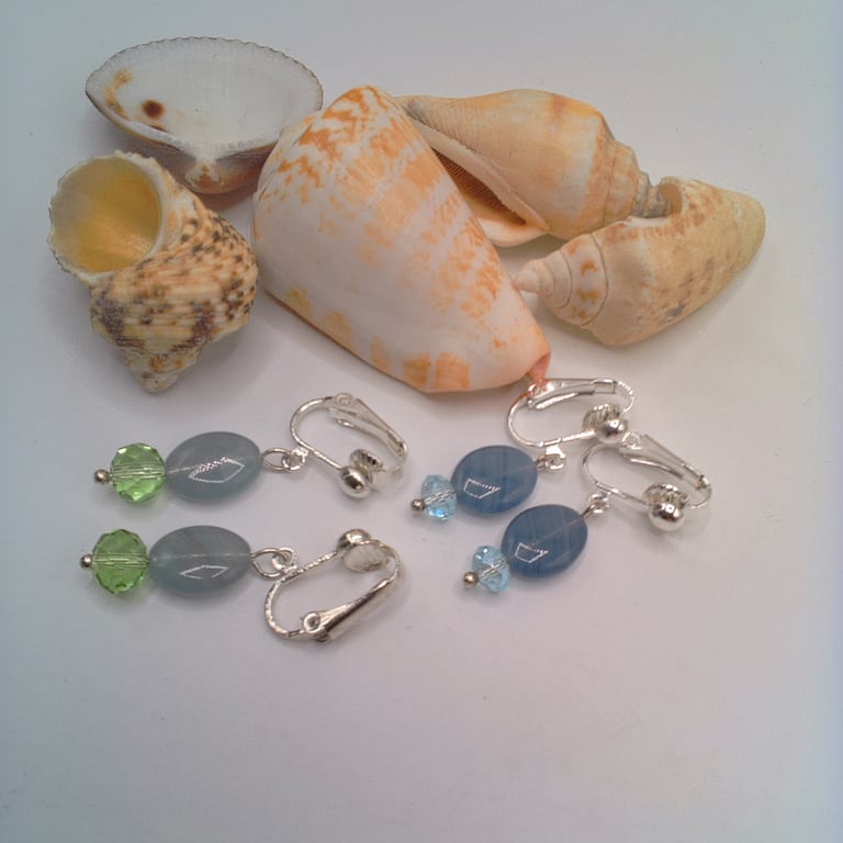 Clip On Earrings with Opaline Ovals and a Crystal, Gift for Her, Colour Choice