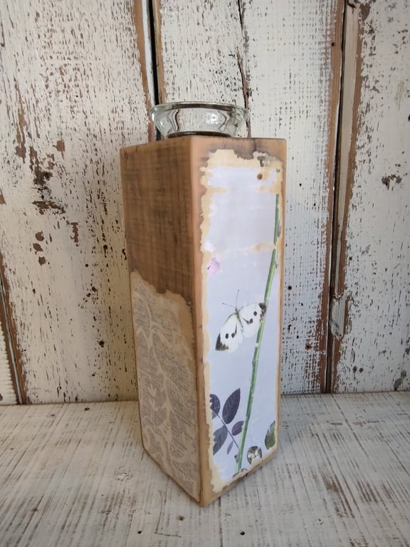 Rustic Wooden Tealight Holder, Botanical Butterfly Candle Holder