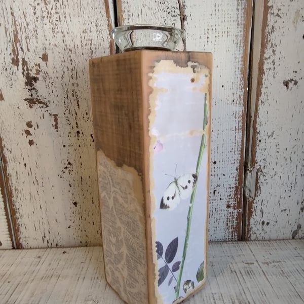 Rustic Wooden Tealight Holder, Botanical Butterfly Candle Holder