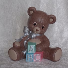 Hand Painted Large Sitting Ceramic Brown Teddy Bear With ABC Blocks Ornament.