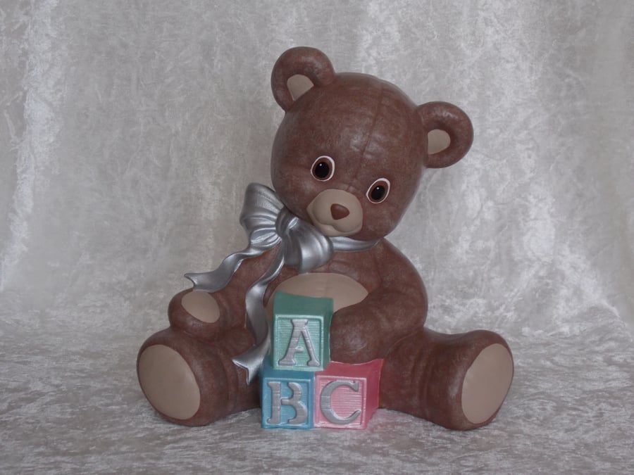 Hand Painted Large Sitting Ceramic Brown Teddy Bear With ABC Blocks Ornament.