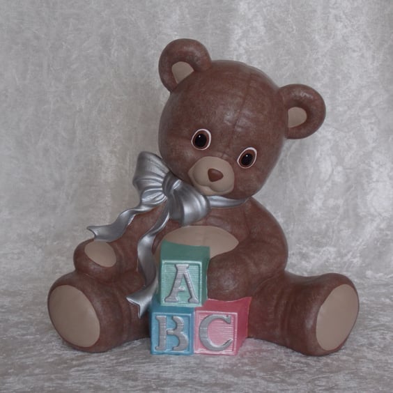 Ceramic Hand Painted Brown Teddy Bear Figurine Nursery Christening Ornament.