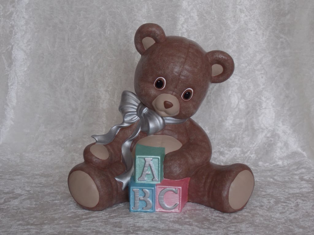 Ceramic Hand Painted Brown Teddy Bear Figurine Nursery Christening Ornament.
