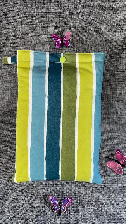 Book Sleeve, Cover, Pouch, Padded Green, Blue Stripped