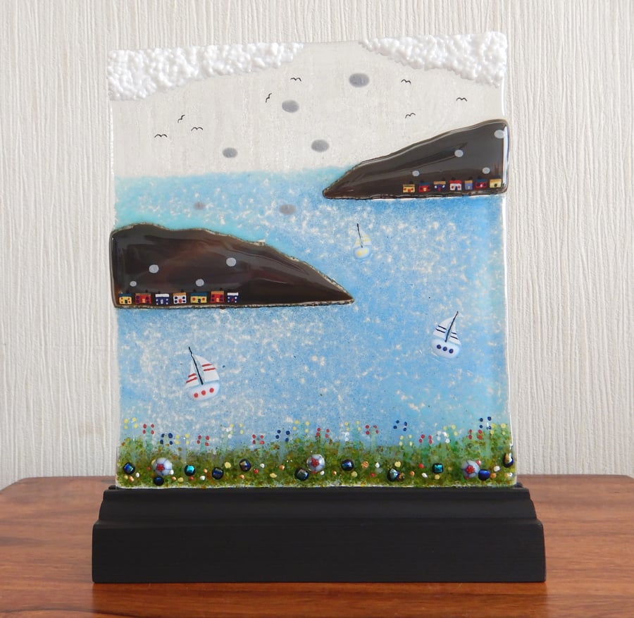 UNIQUE: Handmade Fused Glass 'HIGHLAND LOCH' Picture.