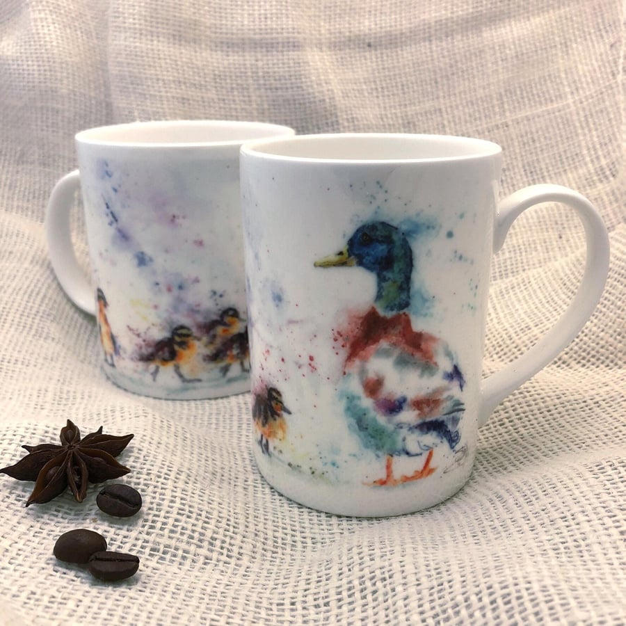 Mallard Ducks Watercolour Bone China Mug, Wildlife Art Cups by Artist Sandi Mowe