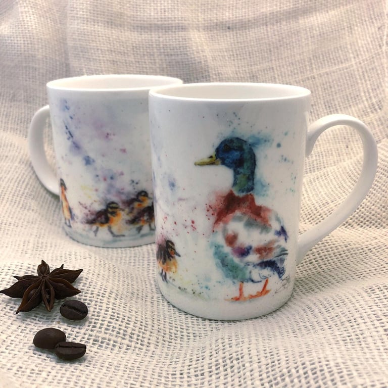 Mallard Ducks Watercolour Bone China Mug, Wildlife Art Cups by Artist Sandi Mowe