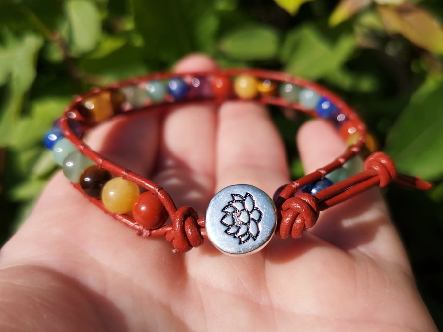 Chakra gemstone bead and leather bracelet with lotus flower button