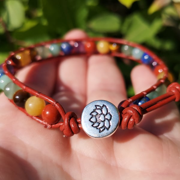 Chakra gemstone bead and leather bracelet with lotus flower button