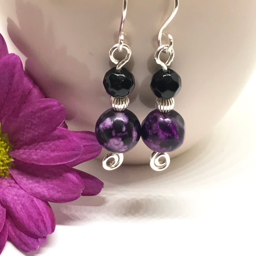 Purple Jasper and Black Agate Earings, Sterling Silver
