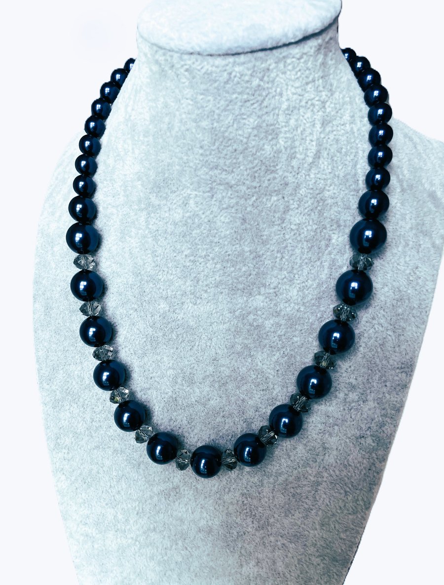 Midnight blue pearl and crystal necklace. Classic elegant evening chic gift