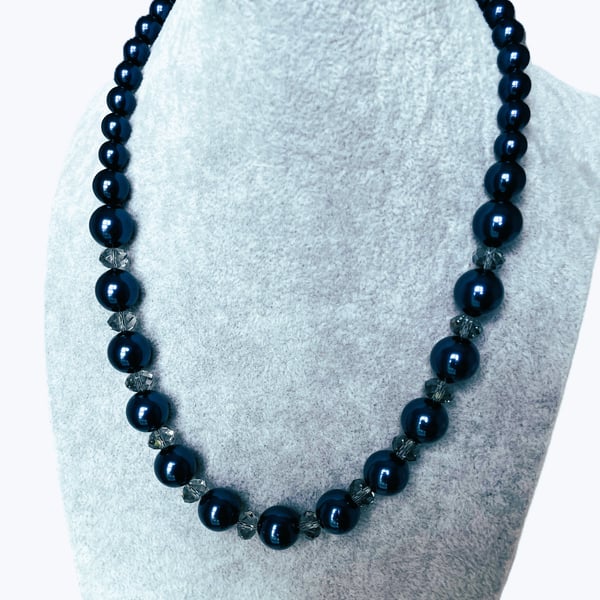 Midnight blue pearl and crystal necklace. Classic elegant evening chic gift