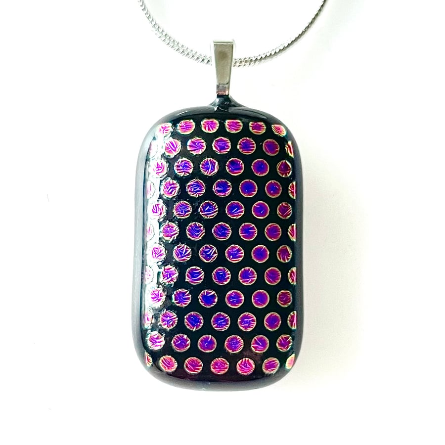 Pink & Black Polka Dot Dichroic Glass Pendant Necklace 