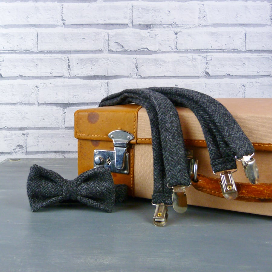 Yorkshire Tweed Bow Tie and Braces - Charcoal Herringbone