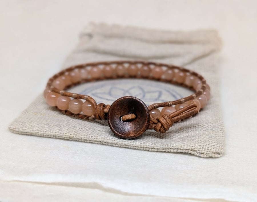 Soft brown leather bracelet with sunstone gemstone beads