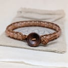 Soft brown leather bracelet with sunstone gemstone beads