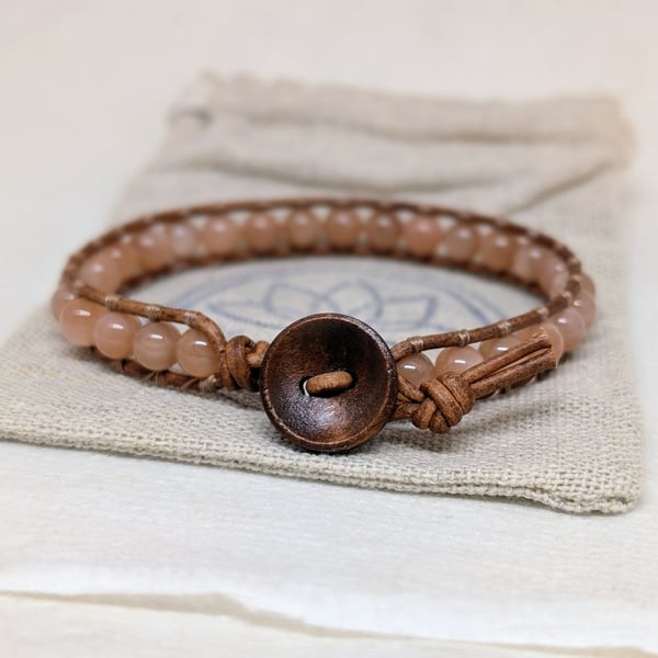Soft brown leather bracelet with sunstone gemstone beads