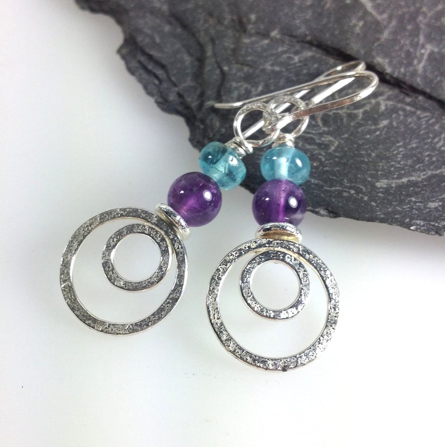 Silver amethyst and apatite Peacock earrings