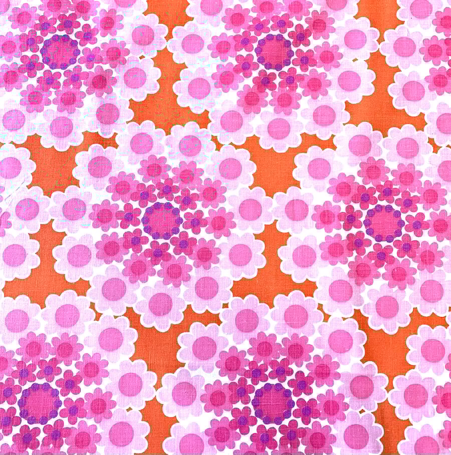 Pink Orange RETRO Daisy Flower Mandela 70s 60s Style Fabric FOR SALE 
