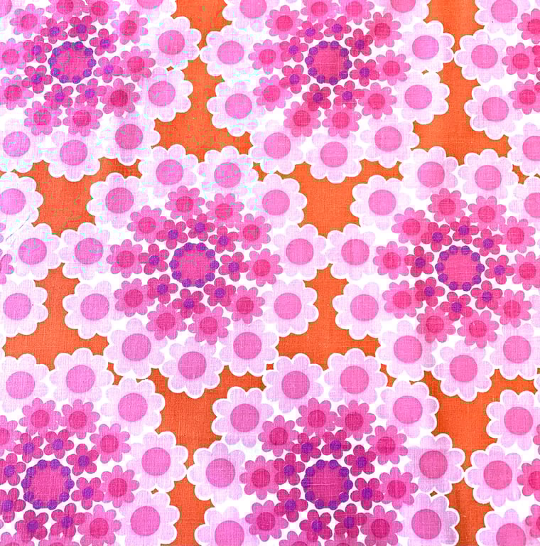 Pink Orange RETRO Daisy Flower Mandela 70s 60s Style Fabric FOR SALE 