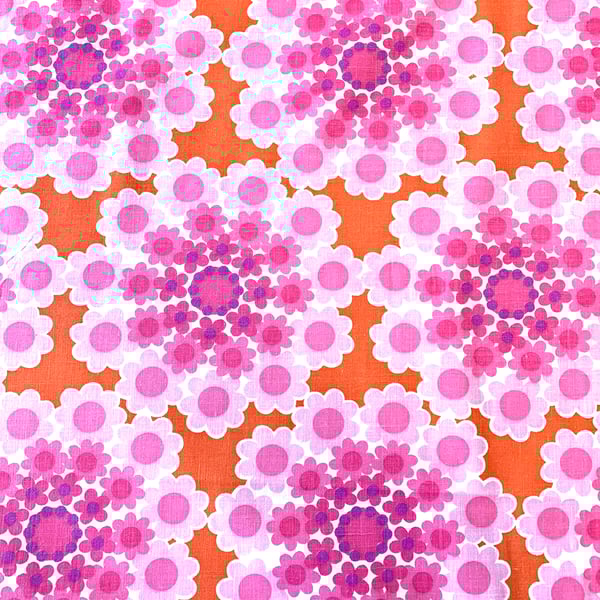 Pink Orange RETRO Daisy Flower Mandela 70s 60s Style Fabric FOR SALE 
