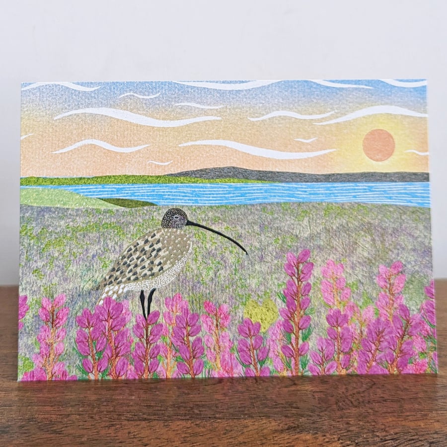 Postcard Curlew Bird Art Summer Landscape Heather
