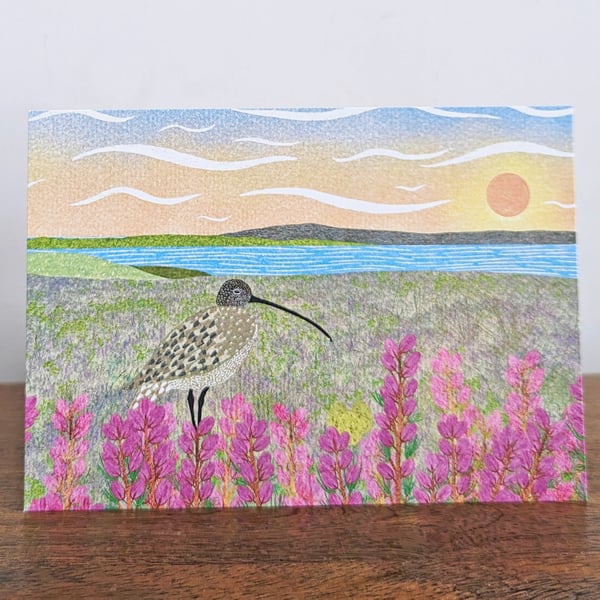 Postcard Curlew Bird Art Summer Landscape Heather