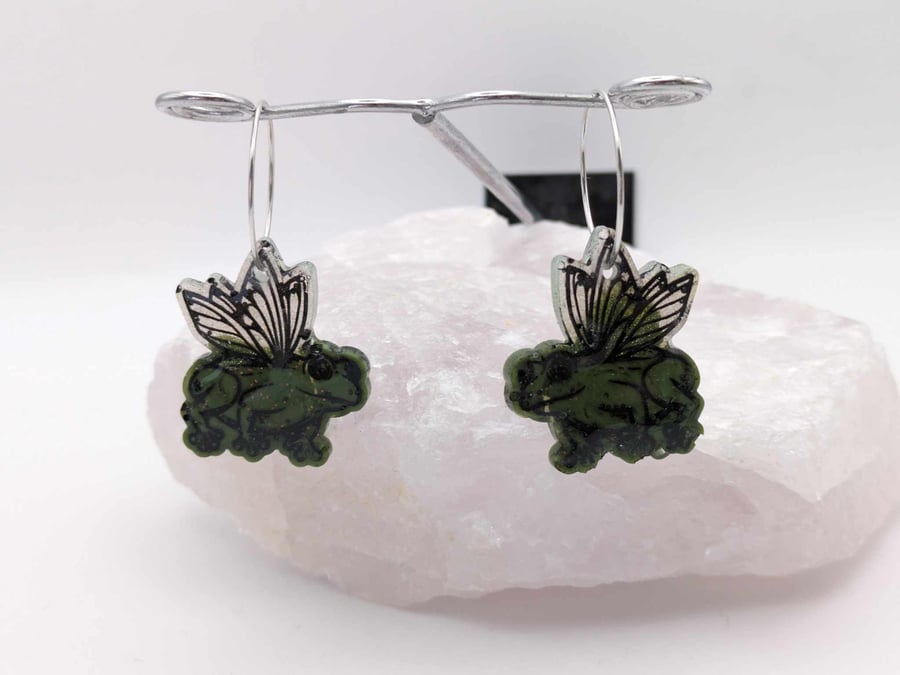 Frog Hoop Earrings, Frog Fairy, Frog with Wings Earrings, Cottagecore Gift