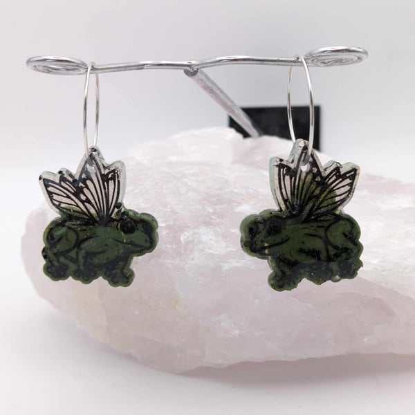 Frog Hoop Earrings, Frog Fairy, Frog with Wings Earrings, Cottagecore Gift