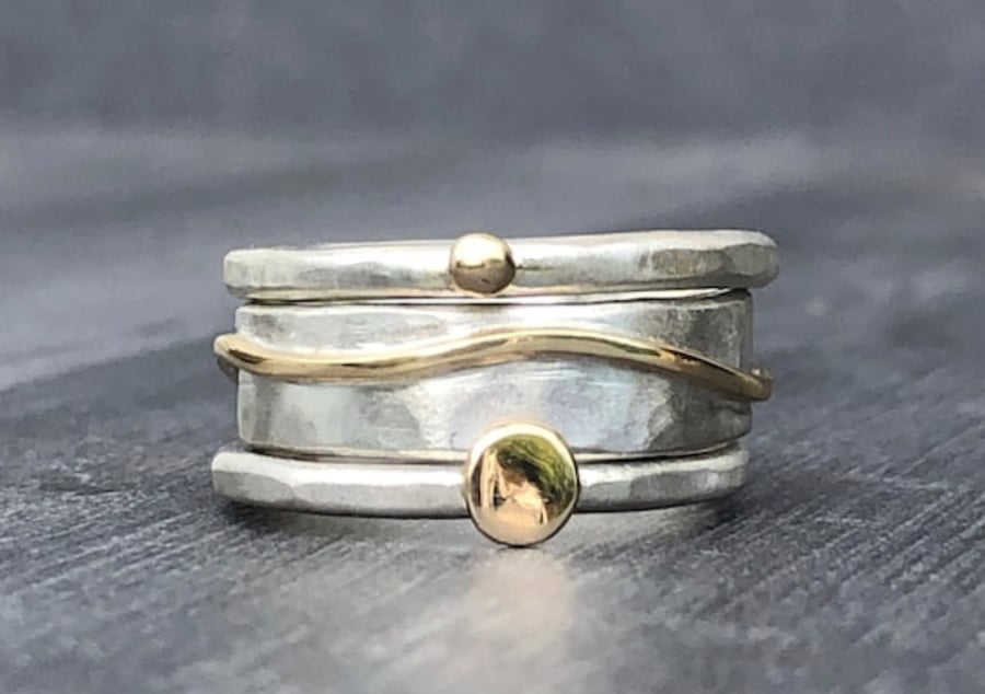 Ocean Wave Stack Ring, silver stack ring, silver and gold ring, mixed metals 