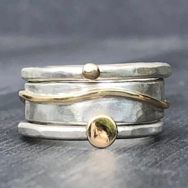 Ocean Wave Stack Ring, silver stack ring, silver and gold ring, mixed metals 