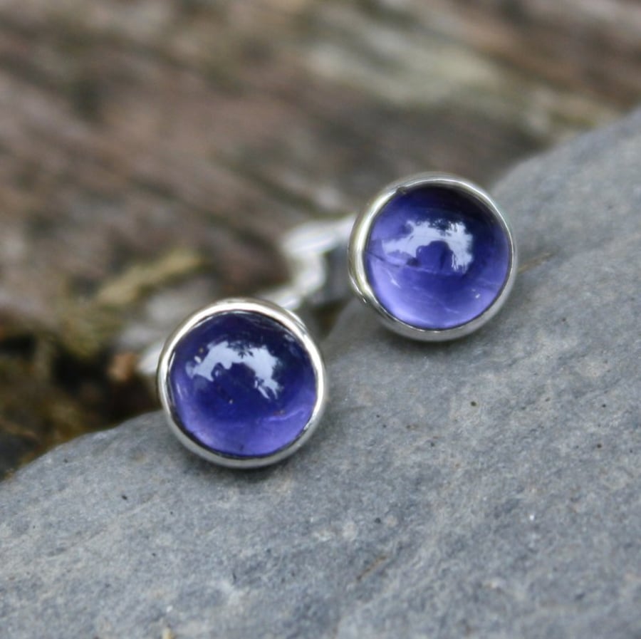 Small iolite stud earrings sterling silver , gemstone studs