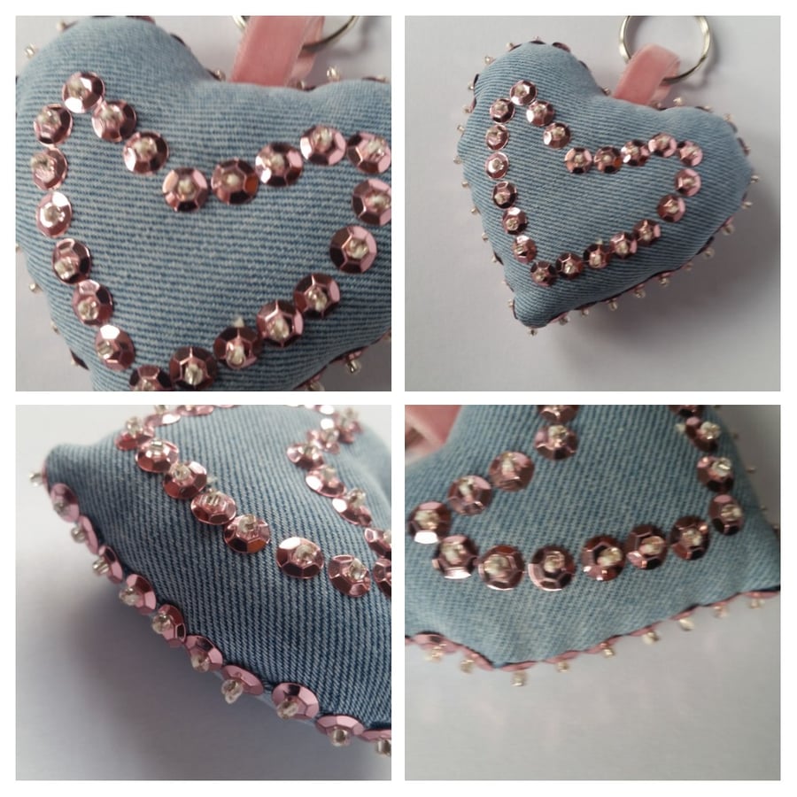 Keyring beaded heart in pink, upcycled denim. Free uk delivery. 