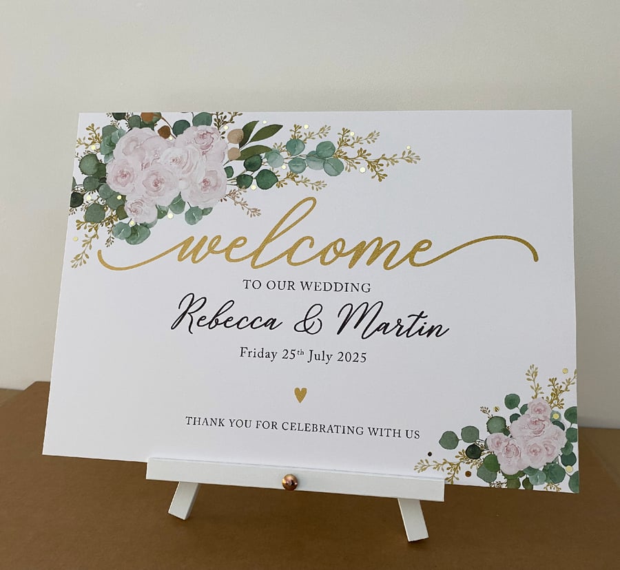 CUSTOM listing for Kathryn - Blush pink roses Eucalyptus WELCOME sign,Table Plan