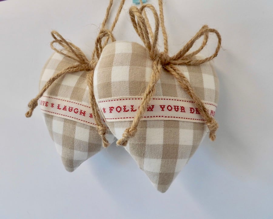 SOLD Pair hanging hearts Laura Ashley dark linen gingham check with sentiment