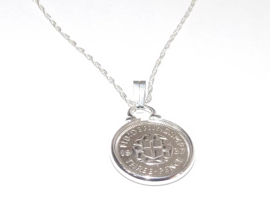 1937 87th Birthday Anniversary 3D Threepence coin pendant plus 18inch SS chain 8