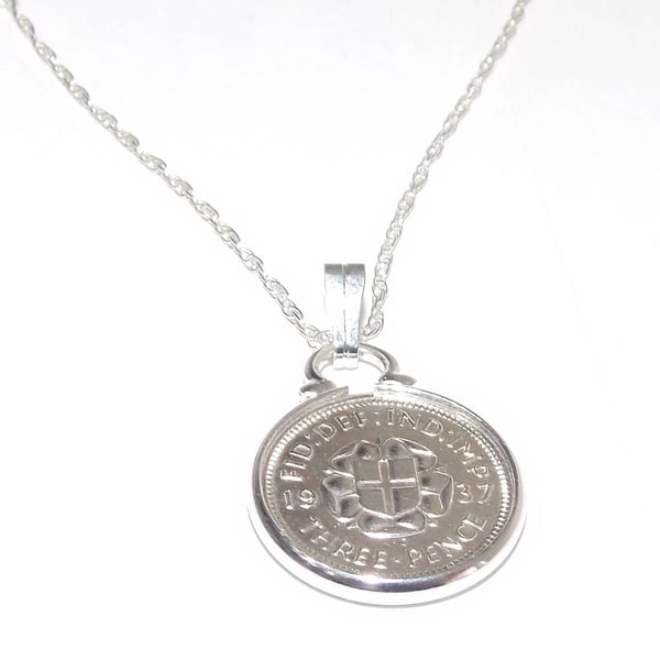 1937 87th Birthday Anniversary 3D Threepence coin pendant plus 18inch SS chain 8
