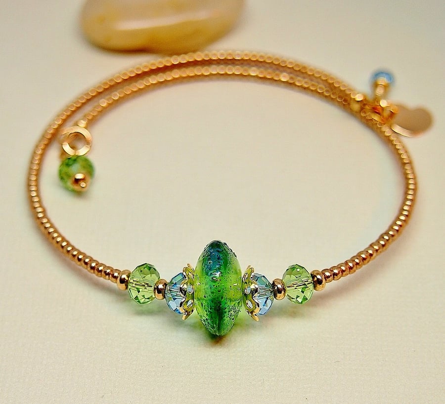 Beaded Memory Wire Bracelet - Green - Blue - Gold - Lampwork Glass