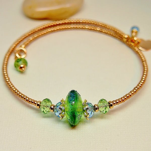 Beaded Memory Wire Bracelet - Green - Blue - Gold - Lampwork Glass