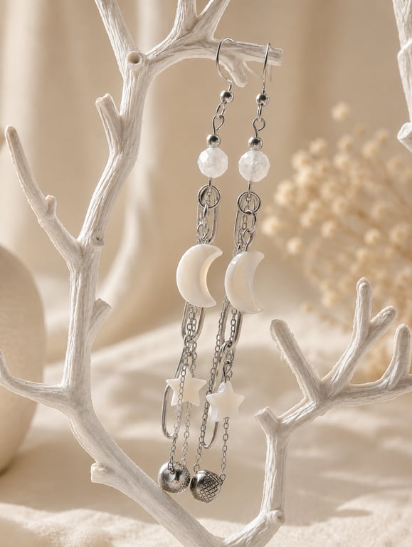 Long chain and shell moon stars alternative bold earrings 