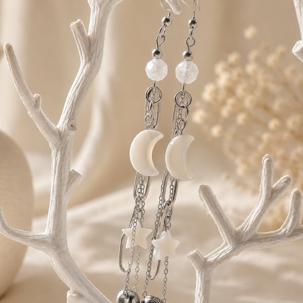 Long chain and shell moon stars alternative bold earrings 