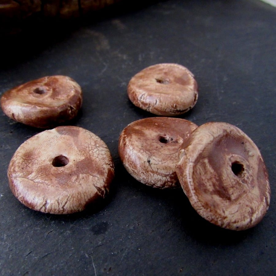 5 Medium Dark Brown Glazed Chubby Disc Clay Beads