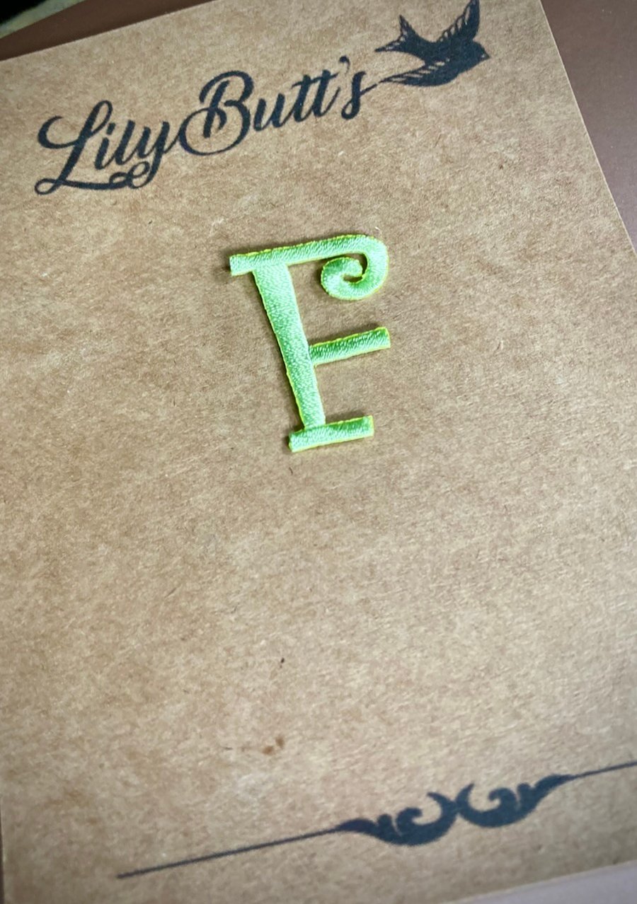 Embroidered Letter F Iron on Patch 3.5 cm x 2.5 cm Lime Green