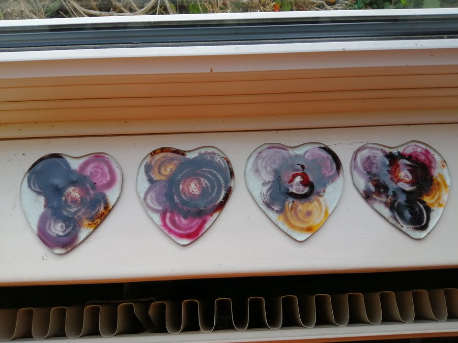 Fused Glass  Hearts and Flowers Coasters set of 4